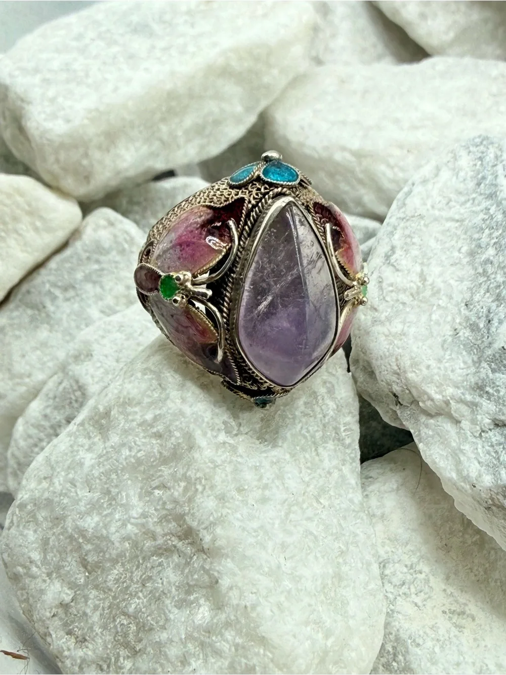 Vintage Chinese Export Sterling Silver Amethyst Enamel Butterfly Ring Size 7 10g